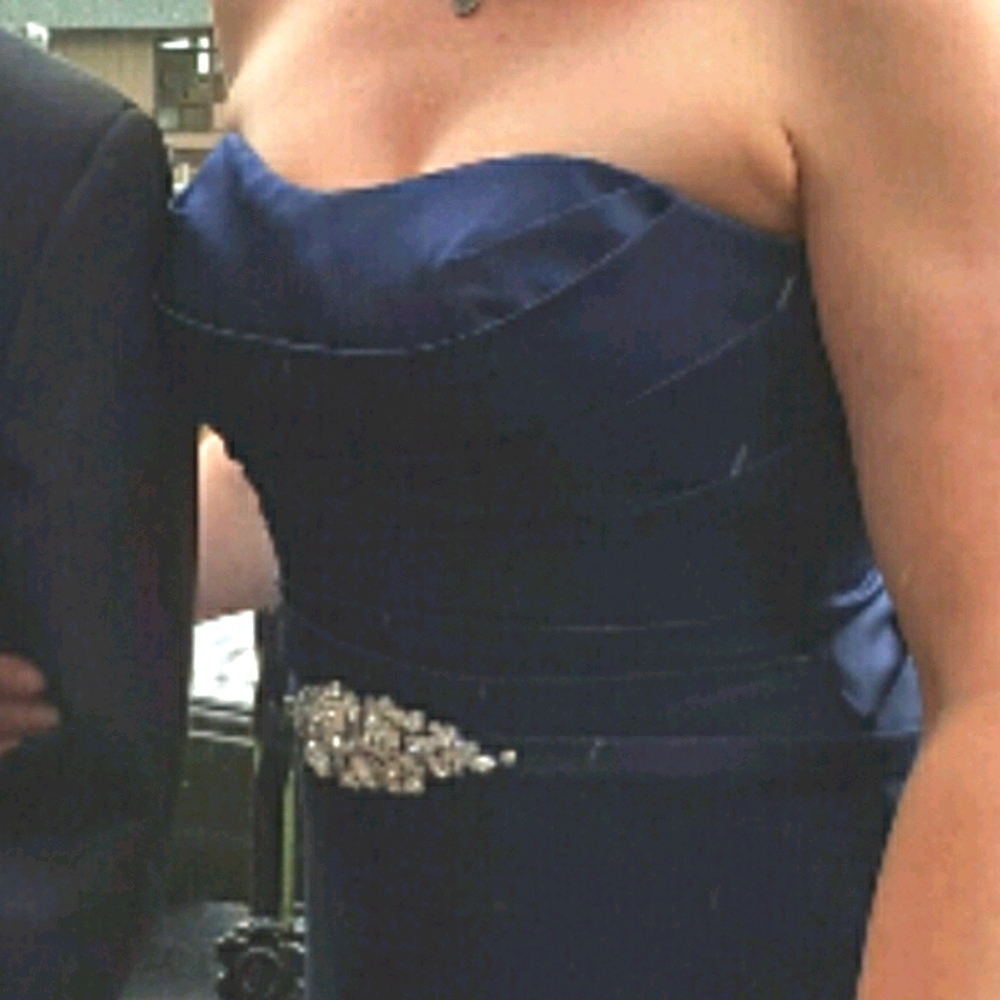 Navy blue Satin shelf bust gown with rhinestone bling belt 6 - Picture 3 of 3